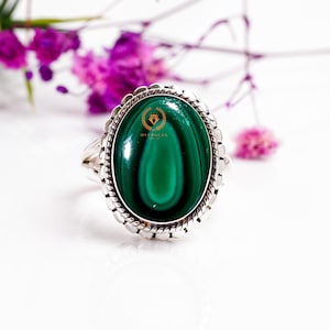 Oval Malachite 925 Sterling Silver Ring - Adjustable Handmade Ring