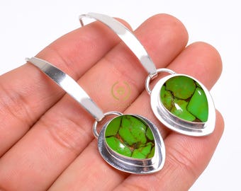Pendientes colgantes de plata de ley con turquesa verde hechos a mano