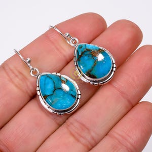 Handmade Blue Copper Turquoise Drop Earrings: 925 Sterling Silver