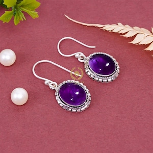 Amethyst Sterling Silver Earrings: Handmade Oval Gemstone Dangle