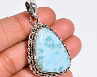 Natural Pear Larimar Pendant: 925 Sterling Silver Statement Necklace