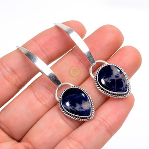 Sodalite Gemstone Sterling Silver Dangle Earrings: Blue Cabochon