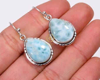 Blue Larimar Gemstone Earrings: 925 Sterling Silver Boho Jewelry