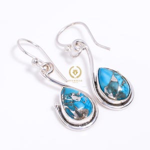 Blue Copper Turquoise Earrings: 925 Sterling Silver Dangle Drop Earrings