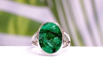 Handmade Oval Green Emerald Ring: 925 Sterling Silver Statement Ring