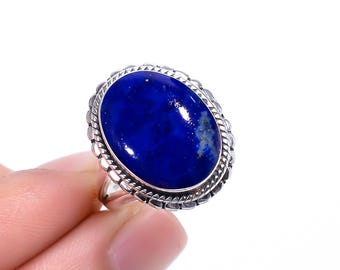 Handgemaakte lapis lazuli-ring: sterlingzilveren boho-statementring