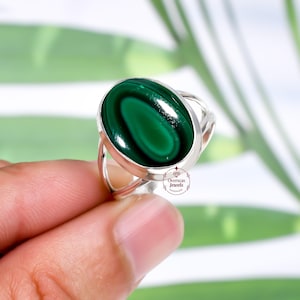 Handmade Malachite Ring: Oval Green Gemstone, 925 Sterling Silver