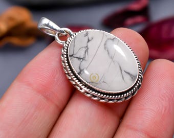 Natural Howlite Gemstone Pendant: Oval Sterling Silver Statement Jewelry