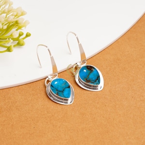 Blue Copper Turquoise Earrings: 925 Sterling Silver Dangle Earrings
