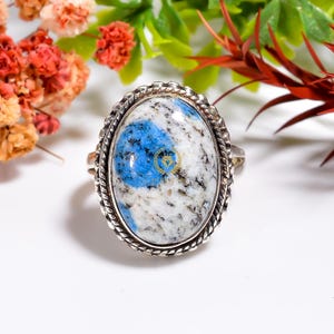 Handmade K2 Jasper Ring: Oval Blue Azurite, 925 Sterling Silver