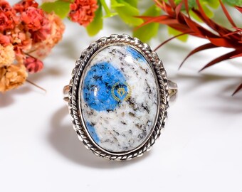 Handmade K2 Jasper Ring: Oval Blue Azurite, 925 Sterling Silver