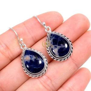 Handmade Sodalite Gemstone Earrings: 925 Sterling Silver Pear Cab
