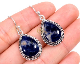 Boucles d'oreilles faites main avec pierres précieuses de sodalite : argent sterling 925