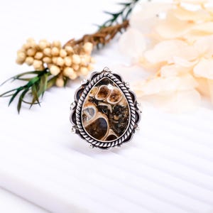 Natural Turritella Agate Pear Shape Ring Well Design Ring For Women Wedding Gifts Rings For Friends Stackable Rings Agate Jewelry For Women