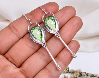 Sterling Silver Peridot Dangle Earrings, Handmade Green Gemstone