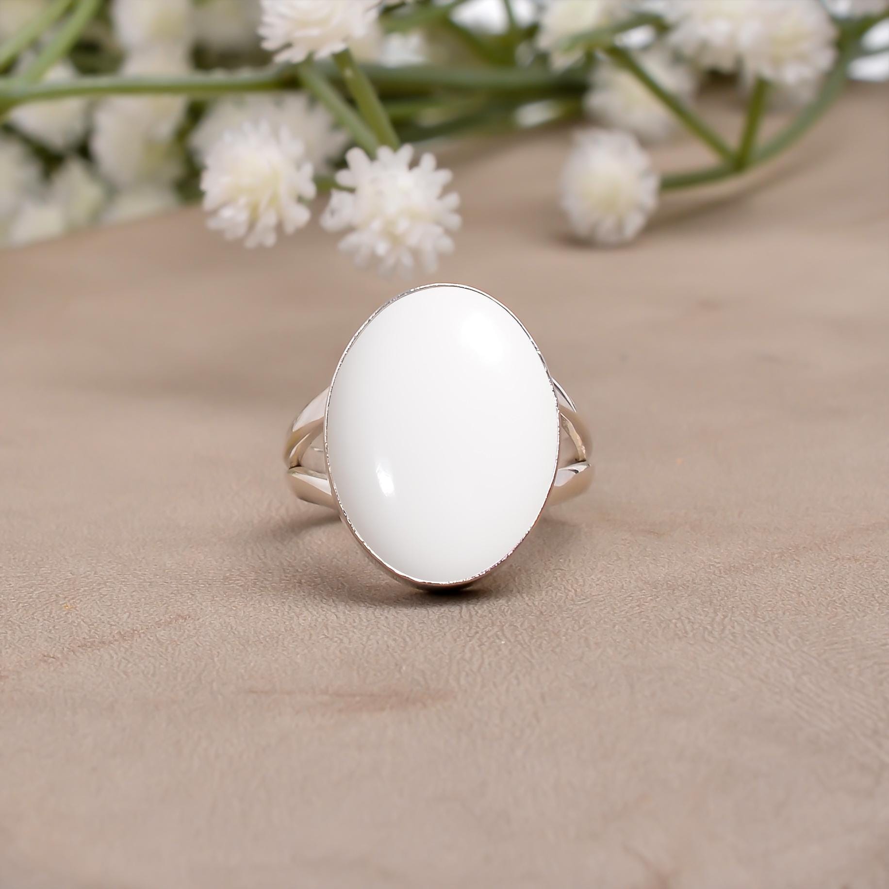Bague Argent Sterling Avec Grosse Pierre Blanche Ovale Naturelle - Taille 50 - Occasion