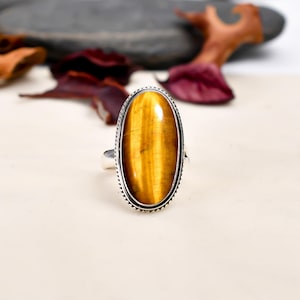 Natural Tiger Eye Large Ring, 925 Sterling Silver Ring, Engagement Ring, Birthday Gift Ring For Women, Yellow Stone Ring, Oval Shape Ring
