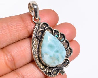 Handmade Pale Sky Blue Caribbean Larimar 925 Sterling Silver