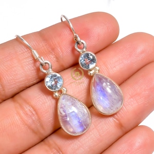 natural Rainbow Moonstone Earring, Gemstone 925 Sterling Silver Earring, Handmade Earring, Boho Earring, Earring For Women