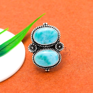 Natural Larimar Ring: Handmade 925 Sterling Silver Statement Ring