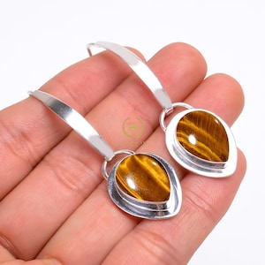 Tiger Eye Earrings Gemstone Earrings 925 Sterling Silver Earrings Dangling Earrings Statement Handmade Yellow Stone Earrings For Her Gift