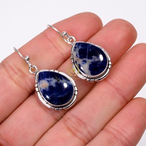 Handmade Sodalite Gemstone Earrings: 925 Sterling Silver Pear Dangle