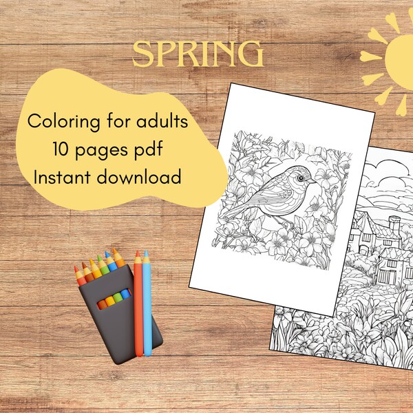 10 Coloring Pages | Spring | Adults | Pdf | Instant download | Printable | Nature | Creative | Direct download | Flowers | Animals