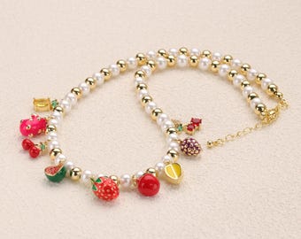 Colorful Fruit Charm Necklace - 18k Gold Plated and Pearl Beads with Fruit Charms Pendants, Adjustable 40cm Chain - Jewelry for Women