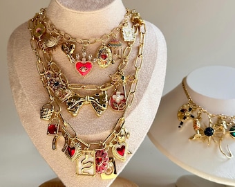 Bauen Sie Ihre eigenen benutzerdefinierten Charm Halsketten 18k vergoldet, wählen Sie Ihre Charms, Vintage klobige Halskette, Gold Charm, personalisierte Geburtstagsgeschenke