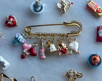 Charm Brooch Make Your Own Pin Customizable Safety Pin Purse Handbag Backpack Cardigan Fashion 18K Gold Plated Personalized Pin, Fruit Charm
