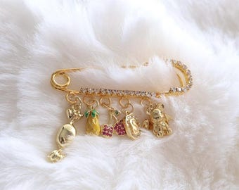 Charm Brooch Make Your Own Pin Customizable Safety Pin Purse Handbag Backpack Cardigan Fashion 18K Gold Plated Personalized Pin, Fruit Charm