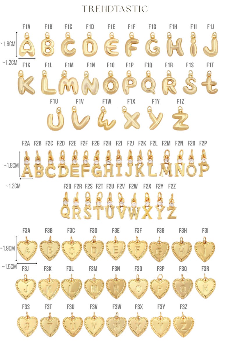 May include: Gold-colored alphabet charms and heart-shaped pendants. The image displays various letter charms, each approximately 0.5 inches tall, and heart pendants with letters. The brand name "TRENDTASTIC" is at the top.