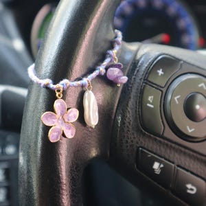 Custom Handmade Gold Plated Car Charm Rope Chain: Steering Wheel Chain, Boho Kawaii Floral Car Accessories