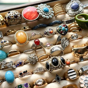 May include: A collection of assorted rings displayed in a beige velvet jewelry organizer. The rings feature various designs, including colorful gemstones, metallic bands, floral motifs, and geometric shapes in gold, silver, and plastic materials.
