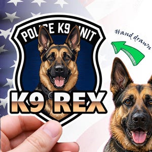 May include: A shield-shaped sticker featuring a German Shepherd illustration, the text POLICE K9 UNIT, and the name K9 REX in bold letters. The design includes a dark blue background and a black border, showcasing a detailed canine portrait.