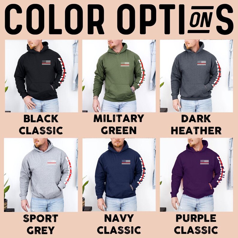 May include: Six different color options for a hooded sweatshirt with a small American flag on the front and a larger American flag on the sleeve. The colors are black, military green, dark heather, sport grey, navy, and purple.