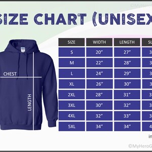 May include: Size chart for a unisex hoodie in navy blue. The chart shows measurements in inches for width, length, and sleeve length for sizes S through 5XL.