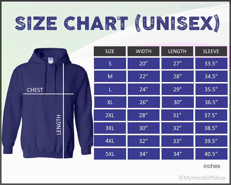 May include: Size chart for a unisex hoodie in navy blue. The chart shows measurements in inches for width, length, and sleeve length for sizes S through 5XL.