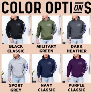 May include: A collage of ten different color options for a hooded sweatshirt. The sweatshirt has a thin blue line flag design on the front and a thin blue line flag design on the sleeve. The colors are black, military green, dark heather, sport grey, navy, purple, red, white, light blue, and pink.
