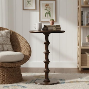 Mesa auxiliar moderna de madera: mesa auxiliar con pedestal escultural, redonda y hecha a mano para sala de estar, dormitorio o regalo especial.