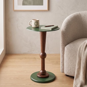 Minimalist Accent Table, Scandinavian Pedestal Side Table, Handmade Sofa Table,Modern Wooden End Table in Black Brass Copper White Red Green