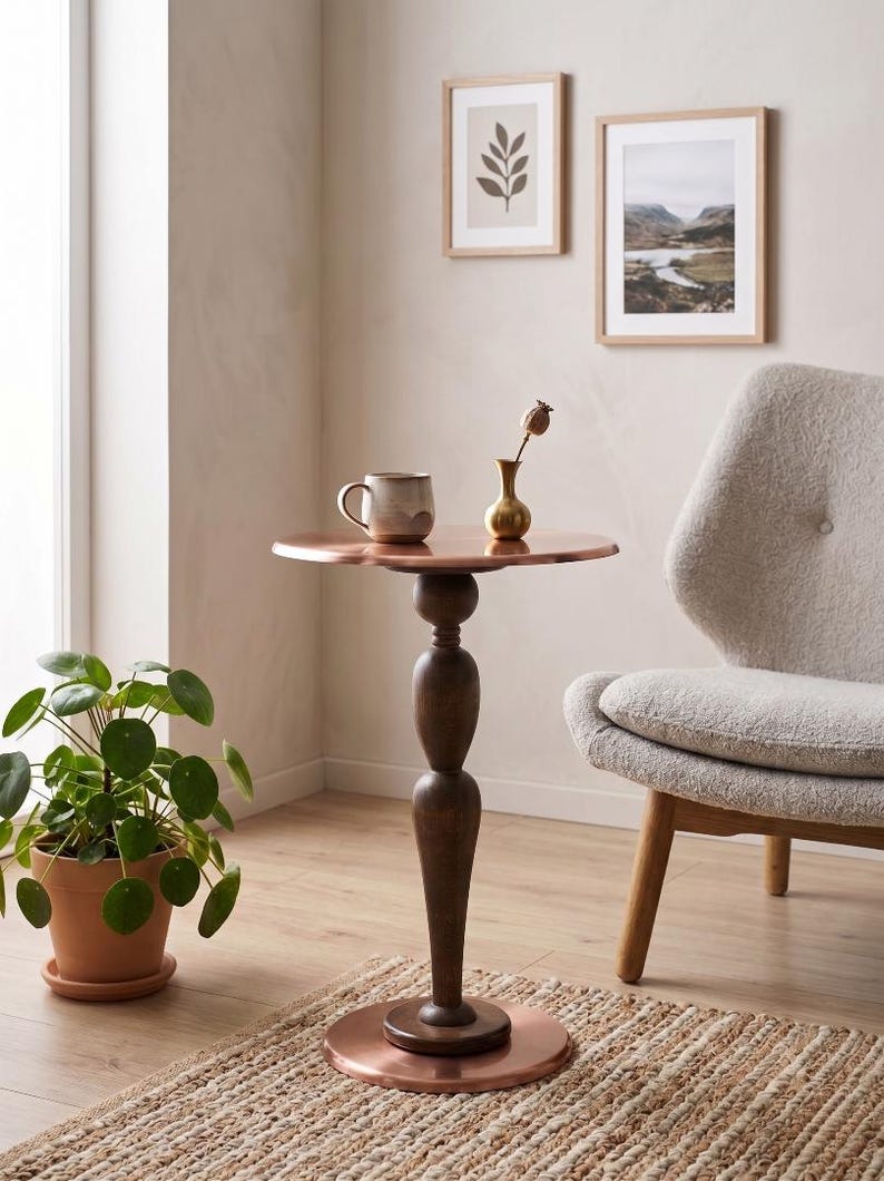 Handmade Wooden & Metal Pedestal Side Table – Sculptural Accent End Table, Modern Rustic Living Room Sofa Table, Luxury Minimal Home Decor

Add timeless elegance to your space with this handmade wooden and metal pedestal side table, designed as both a functional piece of furniture and a sculptural statement.

This unique accent table features a beautifully crafted solid wood tabletop paired with a durable metal pedestal base, creating the perfect balance of warmth and modern sophistication.