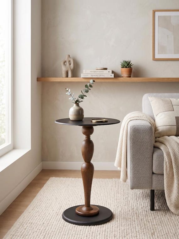Handmade Wooden & Metal Pedestal Side Table – Sculptural Accent End Table, Modern Rustic Living Room Sofa Table, Luxury Minimal Home Decor