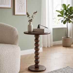 Bubble Leg Wooden Side Table – Handmade Round Accent Table, Modern Scandinavian Coffee Table for Living Room, Bedroom or Office