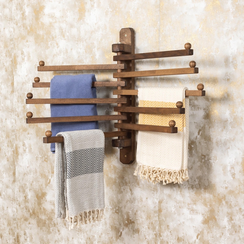 Handmade Rotating Wooden Coat Rack, Wall-Mounted Wood Hooks for Entryway, Kitchen, Bathroom, Space-Saving Hangers for Clothes, Towels, Bags