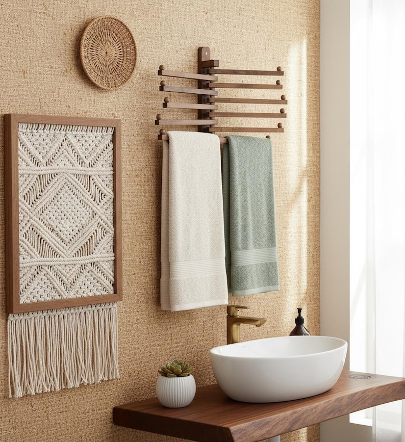 Handmade Rotating Wooden Coat Rack, Wall-Mounted Wood Hooks for Entryway, Kitchen, Bathroom, Space-Saving Hangers for Clothes, Towels, Bags
