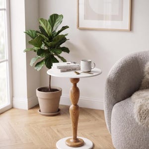 Handmade Wooden & Metal Pedestal Side Table – Sculptural Accent End Table, Modern Rustic Living Room Sofa Table, Luxury Minimal Home Decor

Add timeless elegance to your space with this handmade wooden and metal pedestal side table, designed as both a functional piece of furniture and a sculptural statement.

This unique accent table features a beautifully crafted solid wood tabletop paired with a durable metal pedestal base, creating the perfect balance of warmth and modern sophistication.