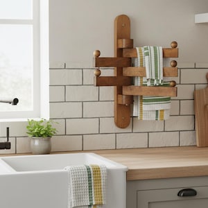 Ruimtebesparende roterende houten kapstok - aan de muur bevestigde penhaken voor kleding, handdoeken, tassen - handgemaakte houten opberger