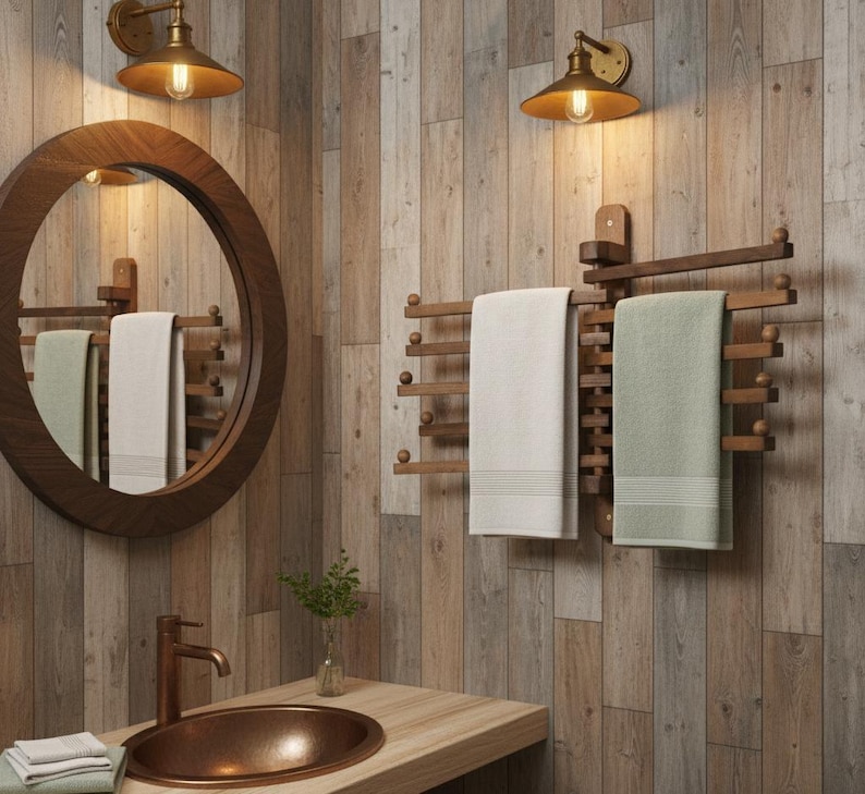 Handmade Rotating Wooden Coat Rack, Wall-Mounted Wood Hooks for Entryway, Kitchen, Bathroom, Space-Saving Hangers for Clothes, Towels, Bags