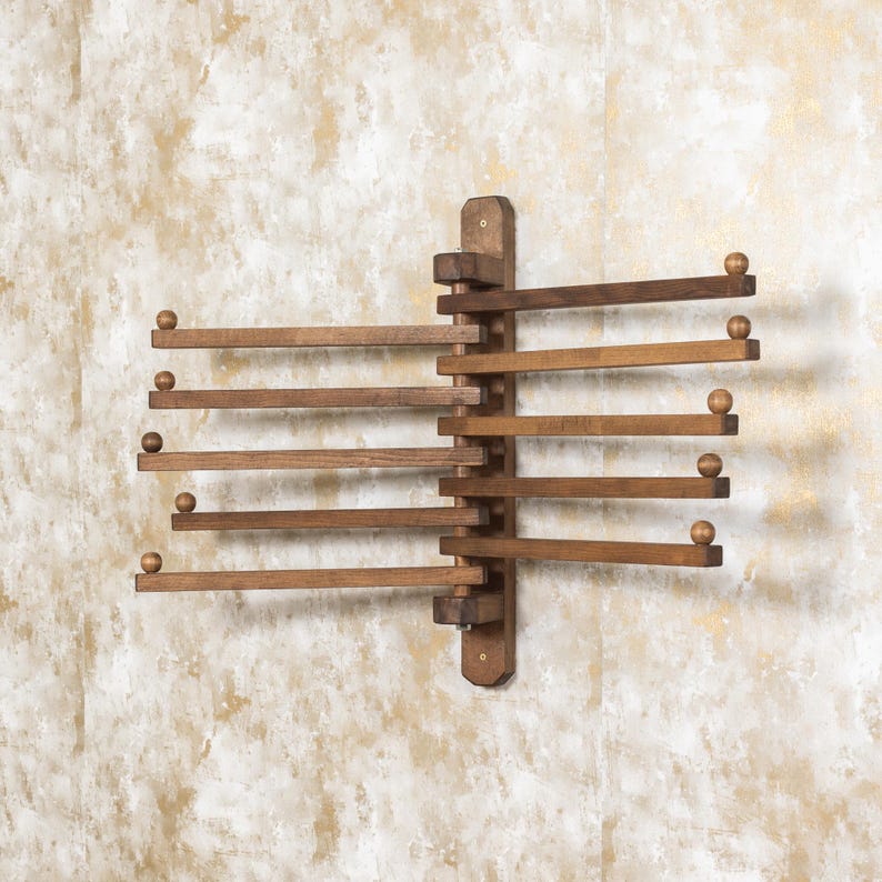 Handmade Rotating Wooden Coat Rack, Wall-Mounted Wood Hooks for Entryway, Kitchen, Bathroom, Space-Saving Hangers for Clothes, Towels, Bags